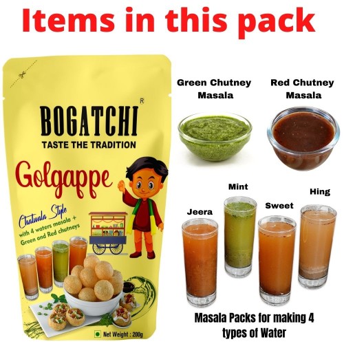 BOGATCHI Ready to Fry Atta Golgappe-Puchka- Panipuri with 4 Waters Masala and Green & Red Chutneys | Pani Puri Pappad | Golgappe Packet ReadyMade | Home Made Fiber Rich Golgappa Complete Combo, 200g